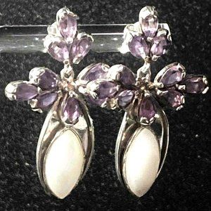 Vintage Sterling Silver Amethyst & Moonstone Drop Dangle Statement Earrings